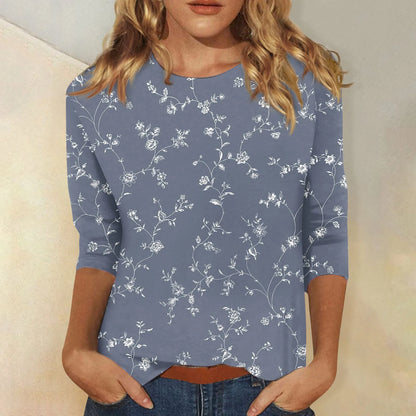 2024 Women Summer Tops Comfortable T Shirt Fashion Flower Print Round Neck 3/4 Sleeve Tops Soft Versatile Pullover Ropa De Mujer