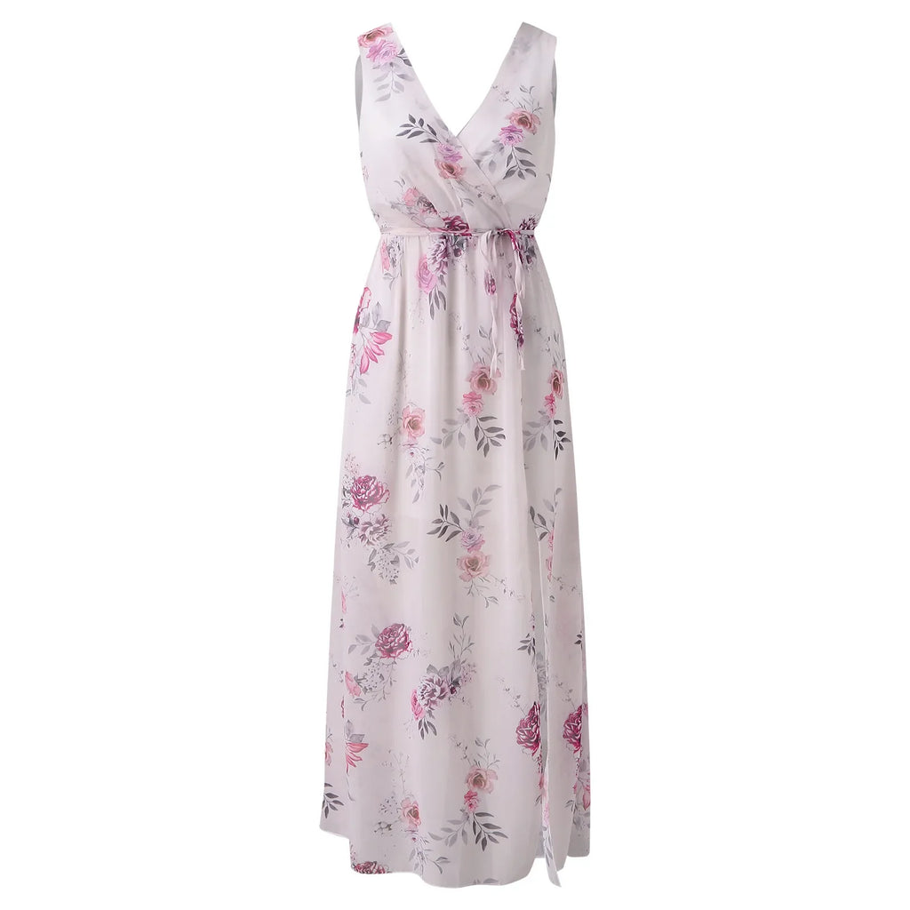 Dresses For Women Evening Dress Printed V Neck Sleeveless Dress Beach Vacation Chiffon Evening Party Long High Slit Dress