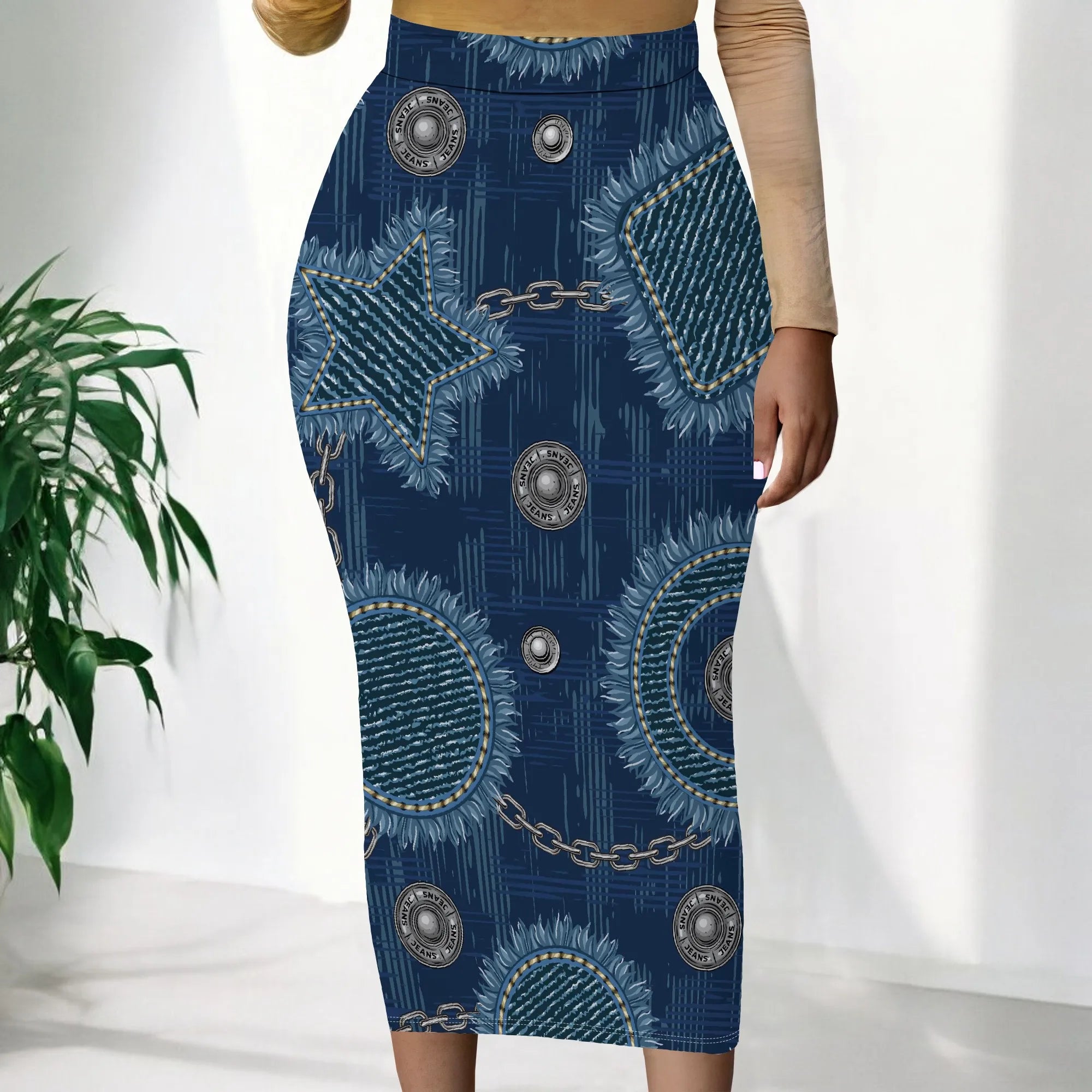 Womens Long Cotton Patchwork Stretch Denim Skirt a Line Flared Jean Maxi Skirt