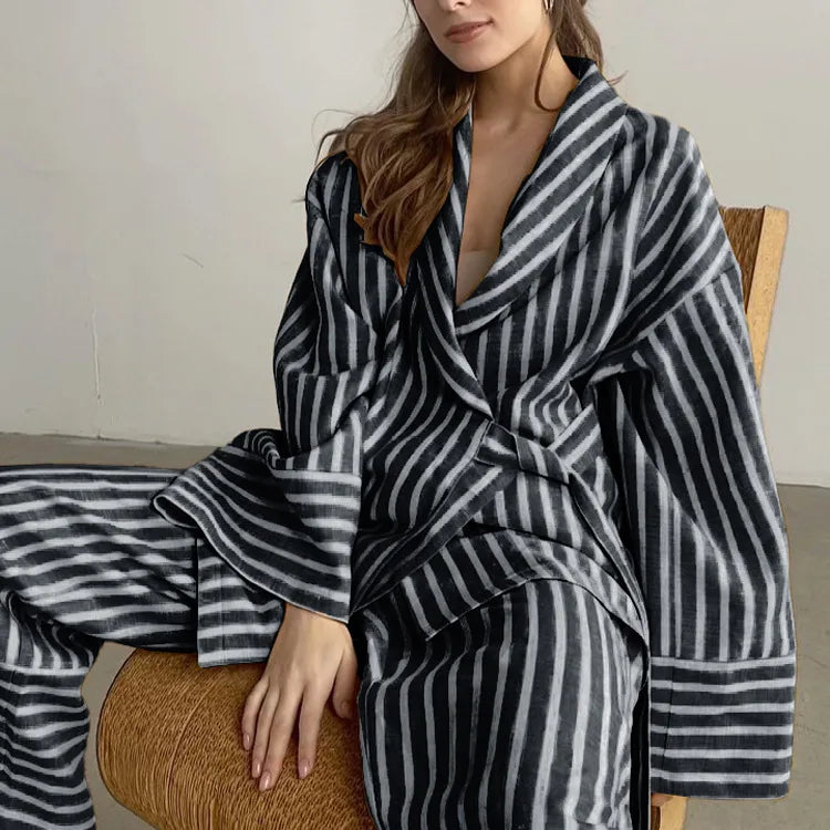 Women's Dress Sets Autumn New Striped Long-sleeved Loose Lace-up Top High-waisted Trousers Fashion Casual Suit for Women