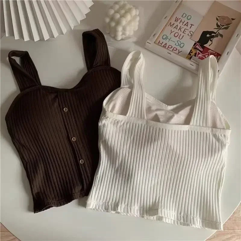 2025 Women's Cropped Tops with Bra Pads Summer Corset Korean Suspenders Vest Sexy Camisole Slim