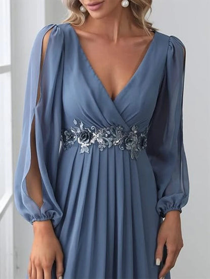 2025 Women Evening Dresses Sexy Deep V-Neck Tulle Full Sleeve Prom Gowns Appliques Empire Pleated A-Line Elegant Bridal Dress