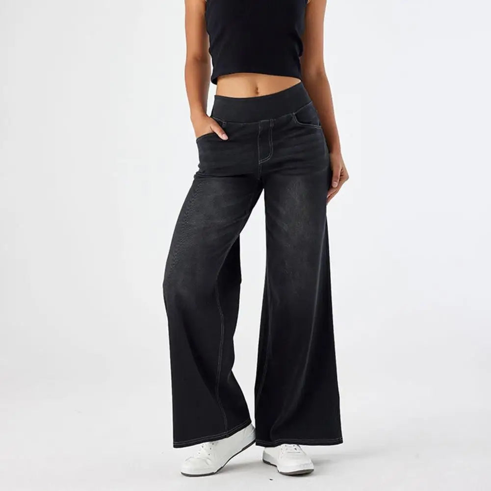 2025 Women Jeans With Pockets Elastic High Waist Solid Color Full Length Pants Straight Wide Leg Pants Baggy Denim Trousers