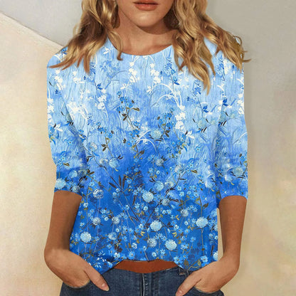 2024 Women Summer Tops Comfortable T Shirt Fashion Flower Print Round Neck 3/4 Sleeve Tops Soft Versatile Pullover Ropa De Mujer