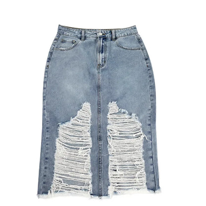 Hole Denim Midi Skirt Women 2024 Spring Summer High Waist Streetwear Sexy Buttocks One Step Skirts Bodycon Vintage Jean Skirts