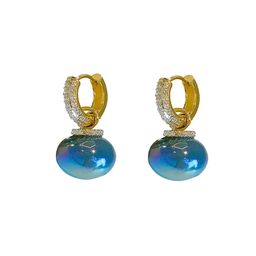 Korean Version High Quality New Atmospheric One Two Wear Colorful Blue Pearl Circle Ear Button Design Eardrop for Girls.