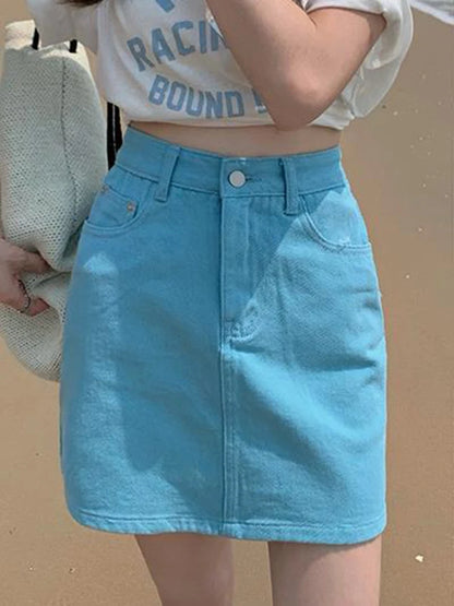 JMPRS Sweet Pink Women Denim Skirts High Waist Student A Line Korean Solid Mini Skirt Causal Summer Vintage Ladies Jeans Skirt