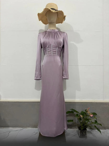 Women Muslim Dresses Slim Party Evening Dress Long Sleeve Pleated Lace-up Irregular Robe Maxi Dress Dubai Abaya Elegant Vestidos