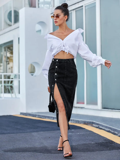 Women's Maxi Pencil Jean Skirt High Waisted A-Line Long Denim Skirts Ins Button Down Side Split Hem Stretch Blue Jean Skirt