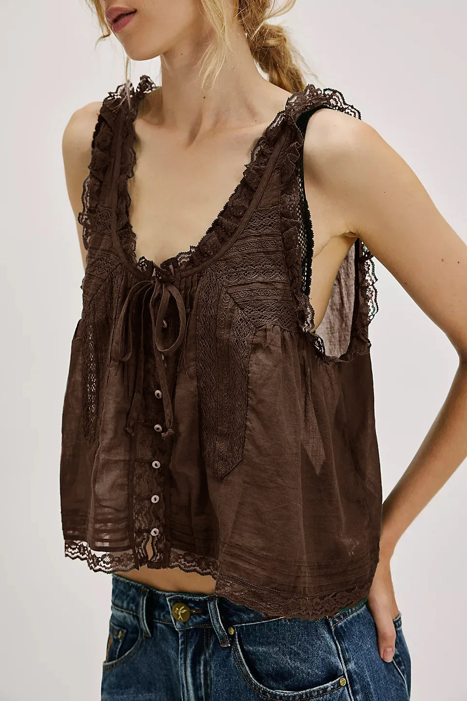 Women Sexy Crop Tops Sleeveless Boho Free Style Tank Tops Splice Lace Hippie Tops Button Down Summer Caimis Tee Top Female Cloth