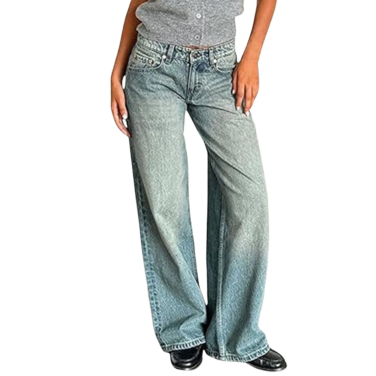 Retro Washed Jeans Women'S Design Sense Mid Waisted Straight-Leg Pants Loose Wide-Leg Mopping Pants Jeans Pants For Woman Jean
