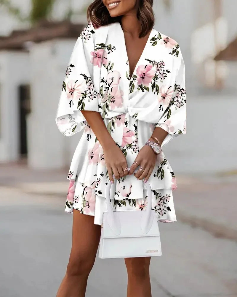 Women Dresses Fashion Vacation Sundress Women's Bat Sleeve Ruffles Dresses Summer Irregular Mini Dress