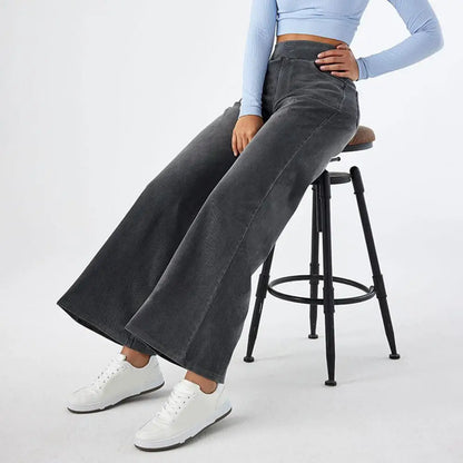 2025 Women Jeans With Pockets Elastic High Waist Solid Color Full Length Pants Straight Wide Leg Pants Baggy Denim Trousers