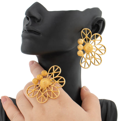 Earrings Jewelry Set for Women African 18k Gold Color Earrings with Ring Unusual Design Ear Accessories Girls Lover Daily Gifts
