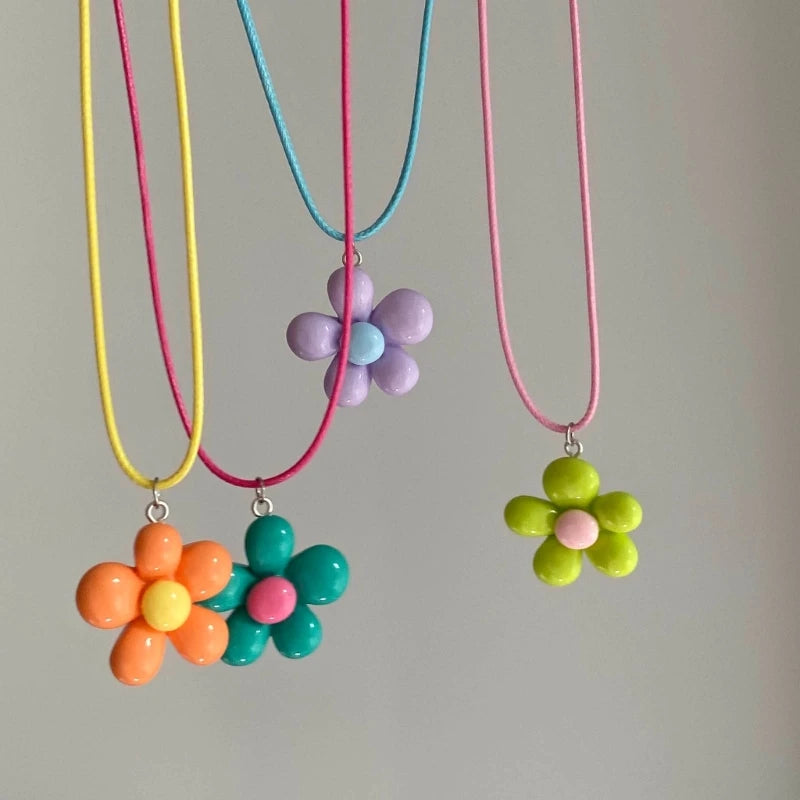 Colorful Flower Necklace Statement Pendant Necklace Floral Design Neck Jewelry Rope Necklace Perfect Gift for Women Girl