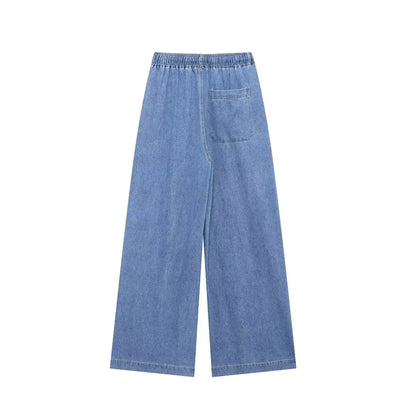 2024 Autumn Denim Pant For Women Loose High Waist Jeans Female Fashion Drawstring Elastic Waist Wide Leg Pants