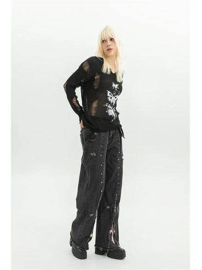 Women Clothing Black Gothic Jeans Pink Cross Y2k Oversize Loose Aesthetic Denim Trousers Harajuku Korean 2000s Jean Trashy Pants