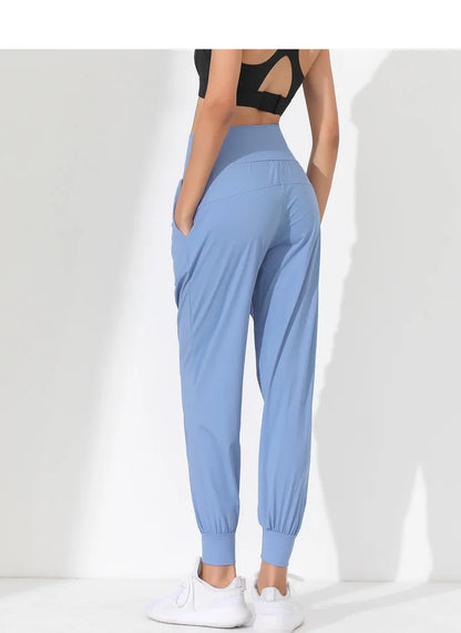 Woman Yoga Pants Hem Bound Running Fitness Loose Slim Quick-Dry Yoga Pants Pleated  Capris Pockets Jogging Pants Sports pants
