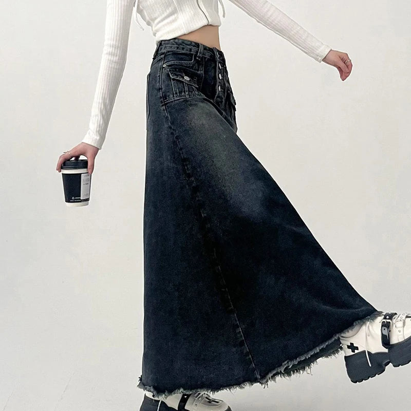 Vintage Denim Long Skirt for Women 2023 Spring Summer High Waist Button Raw Edge A-Line Skirt Female Harajuku Street Jean Skirts