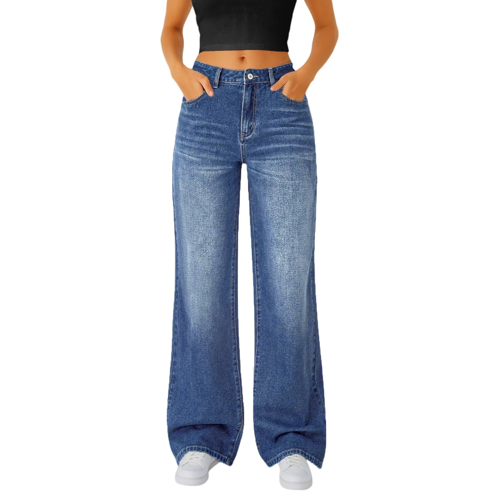 Jeans Women Straight Long Pants Casual Floor Length Mom Pant Blue High Waist Elegant Zipper Fly Pockets Slim Y2k Denim Trousers