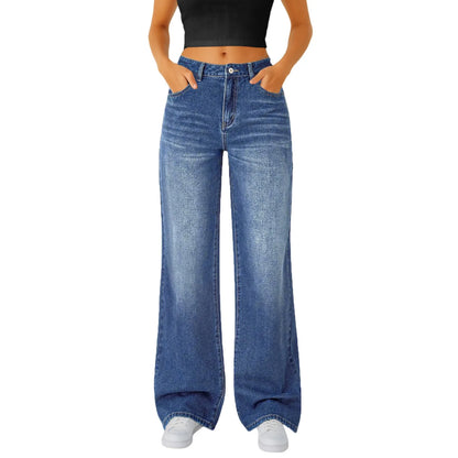 Jeans Women Straight Long Pants Casual Floor Length Mom Pant Blue High Waist Elegant Zipper Fly Pockets Slim Y2k Denim Trousers