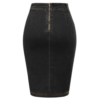 BP Women Vintage Jean Skirt With Belt High Waist Ruched Front Bodycon Skirt