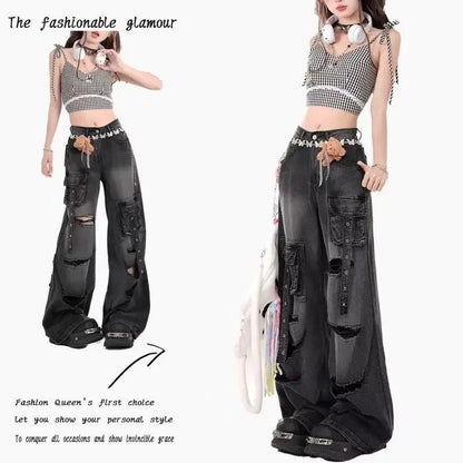 Women Clothing Black Gothic Jeans Pink Cross Y2k Oversize Loose Aesthetic Denim Trousers Harajuku Korean 2000s Jean Trashy Pants