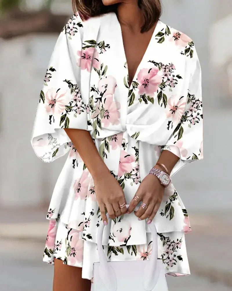 Women Dresses Fashion Vacation Sundress Women's Bat Sleeve Ruffles Dresses Summer Irregular Mini Dress