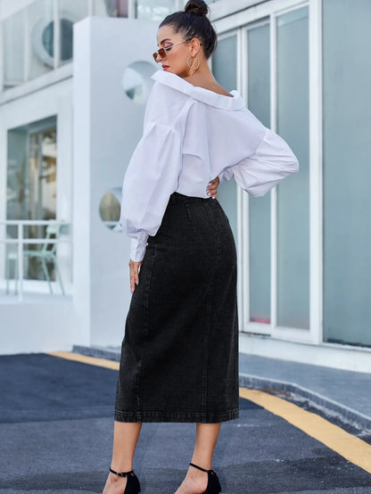 Women's Maxi Pencil Jean Skirt High Waisted A-Line Long Denim Skirts Ins Button Down Side Split Hem Stretch Blue Jean Skirt