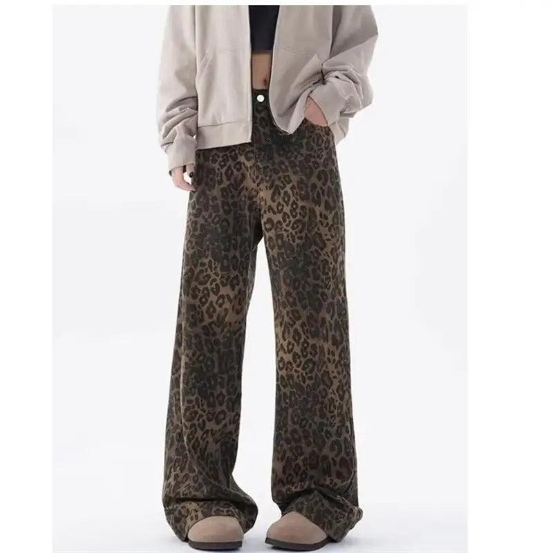 Women's leopard print jeans autumn and winter fashionable versatile loose retro casual pants straight leg wide leg pants