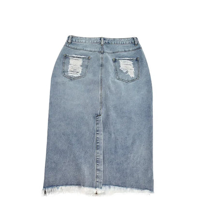 Hole Denim Midi Skirt Women 2024 Spring Summer High Waist Streetwear Sexy Buttocks One Step Skirts Bodycon Vintage Jean Skirts