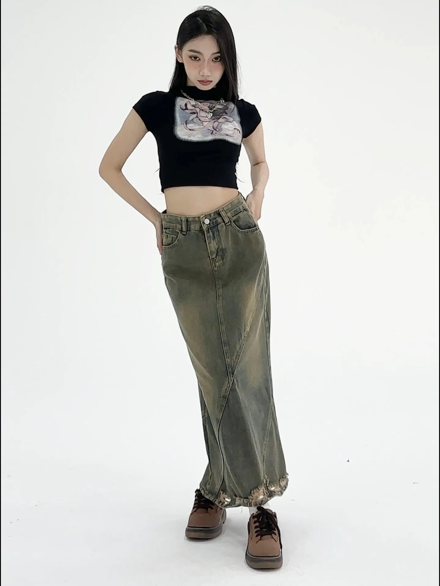 Women Denim Skirt Y2k Emo 2000s Clothes Long Skirt Harajuku Korean 90s Fashion Vintage Gradient A-line Jean Skirt Grunge Clothes