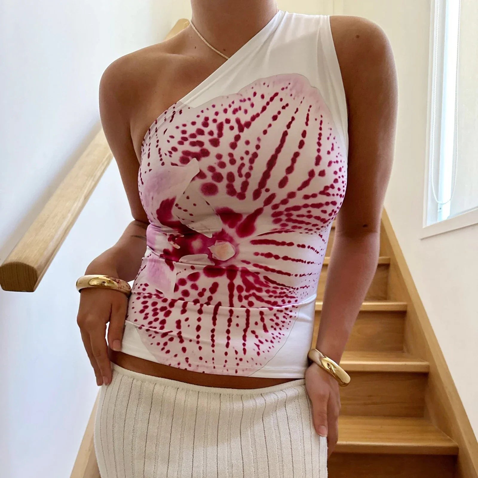 Women's Fashion One Shoulder Tops Slim Flower Print Slash Neck Backless Sleeveless Crop Shirt for Summer