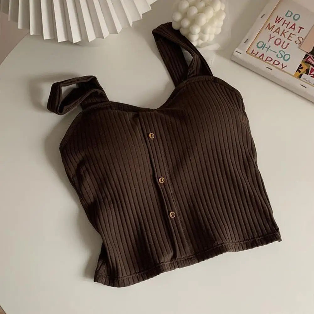 Women's Ribbed Tank Tops Y2K Cropped Tops with Bra Pads Knitted Button Down Suspenders Vest Sexy Camisole Female Short Tops