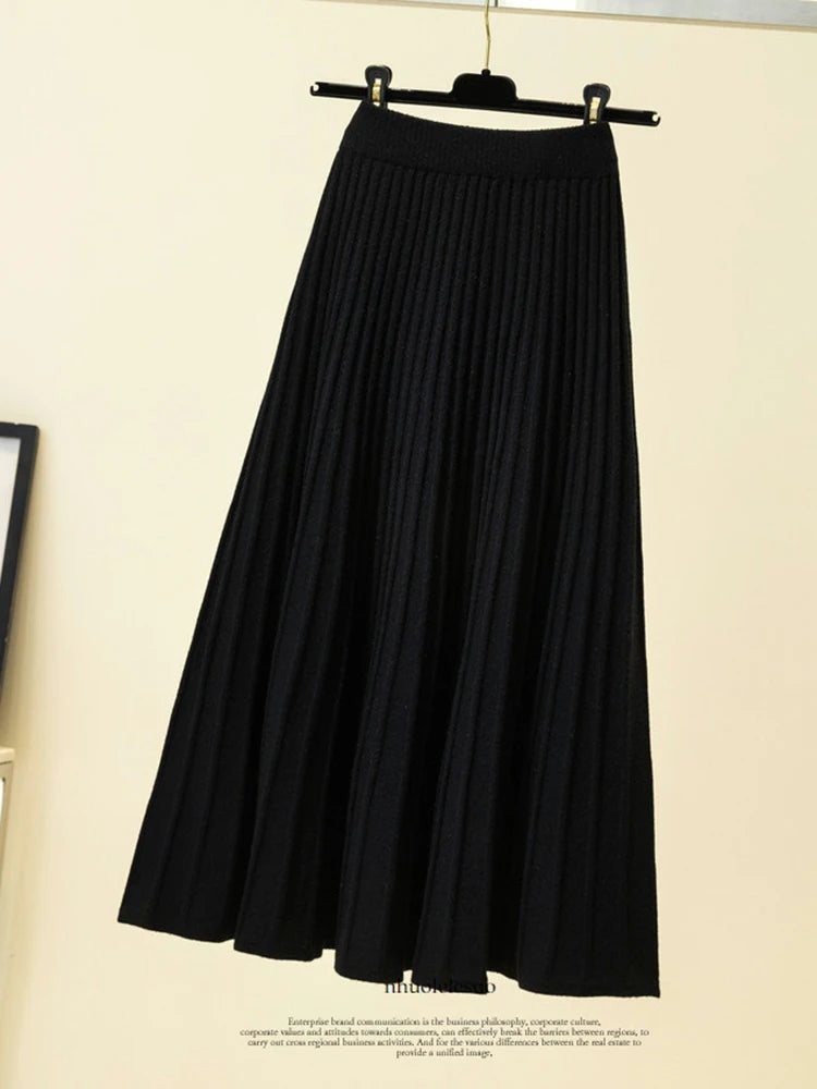 Knitted Skirts Women Autumn Thick Pleated Long Skirt Vintage High Waist Ribbed Female Solid Skirts Casual Streetwear 2025