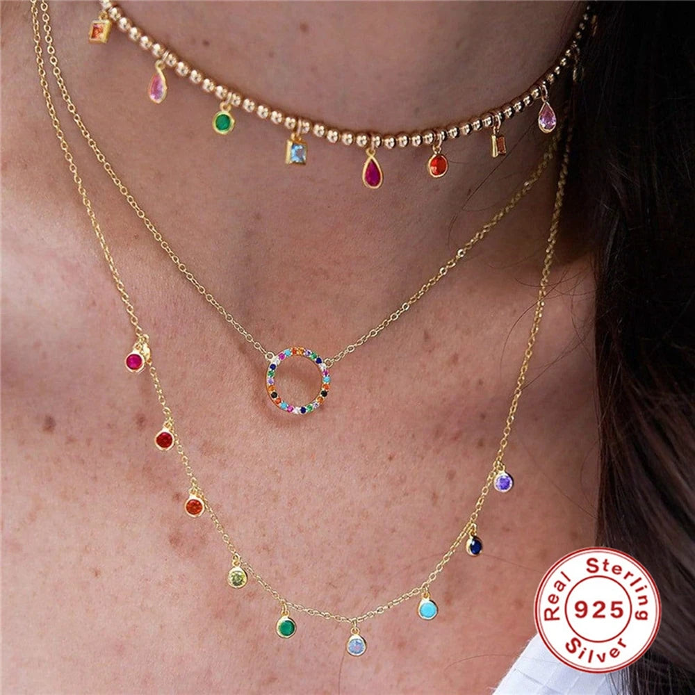 LENNIK 925 Sterling Silver French Elegant Round Fine Versatile Color Zirconium Women's Necklace Fashion Exquisite Chains Jewelry