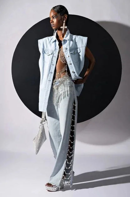High Waist Ripped Jeans for Women Summer Thin Side Slit Pants Women Denim Long Jeans with Drill Chains Straight Wide-leg Jeans