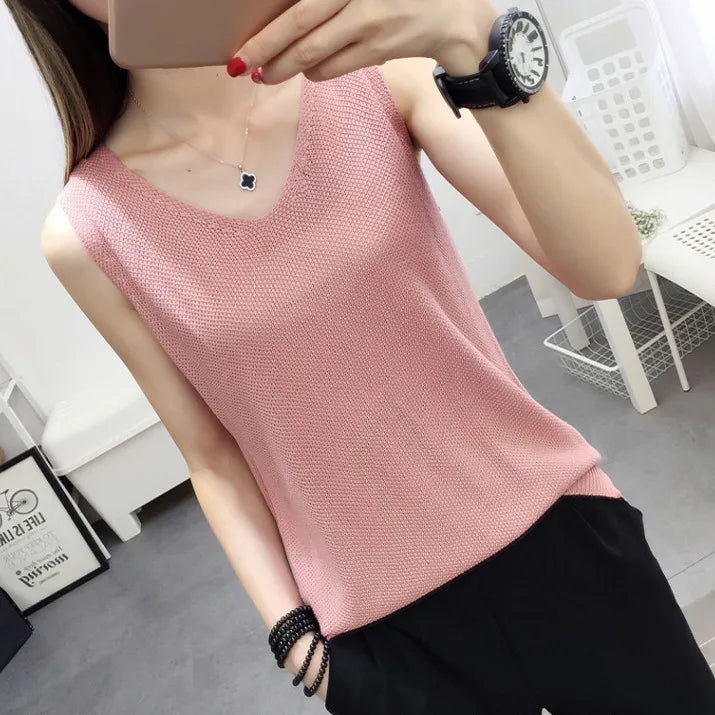Top women Summer V Neck Hollow Knitted Vest Sleeveless Casual Tank Blusas Tops Sheer Mesh Patchwork T Shirt Bottom Camisole 2019