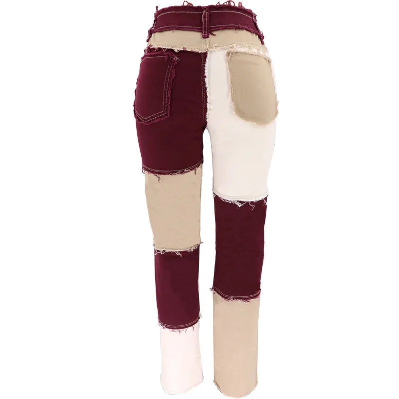 2025 Hot Sale Mixed Color Patchwork Jeans For Women Fashion High Stretch Denim Straight Pants Street Hipster Trousers XS-2XL