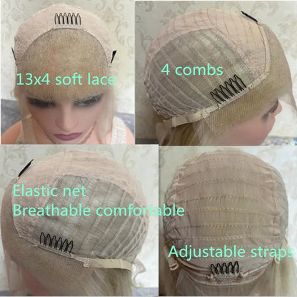 Wig female Ombre Platinum Blonde with Ash Brown Roots Natural Wig Synthetic Fibre Mixed Human Hair Wig Straight Full Wig HD Lace