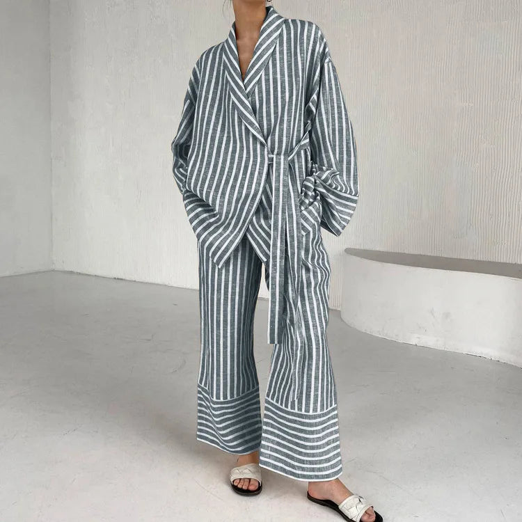 Women's Dress Sets Autumn New Striped Long-sleeved Loose Lace-up Top High-waisted Trousers Fashion Casual Suit for Women