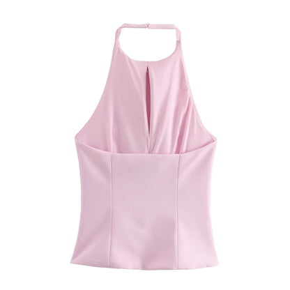 Bow Backless Vest Women Summer Sleeveless Halter Hollow Top Elegant Slim Skirt New Y2k Female Tanks Short Top Office