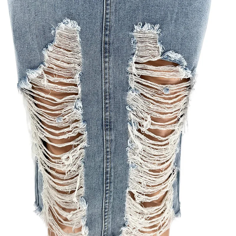 Hole Denim Midi Skirt Women 2024 Spring Summer High Waist Streetwear Sexy Buttocks One Step Skirts Bodycon Vintage Jean Skirts