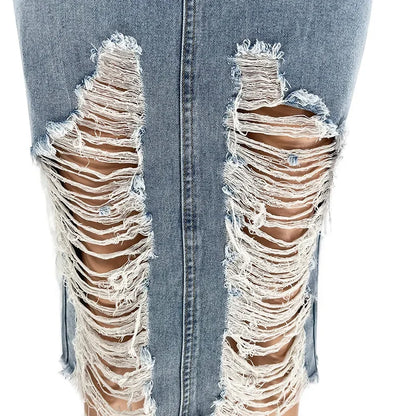 Hole Denim Midi Skirt Women 2024 Spring Summer High Waist Streetwear Sexy Buttocks One Step Skirts Bodycon Vintage Jean Skirts