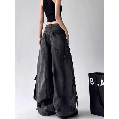 Women Jeans Design Deconstructes Drifting Strips Broken Holes Black Jeans For Women 2025 Spring New Multi Pocket Wide Leg Pants