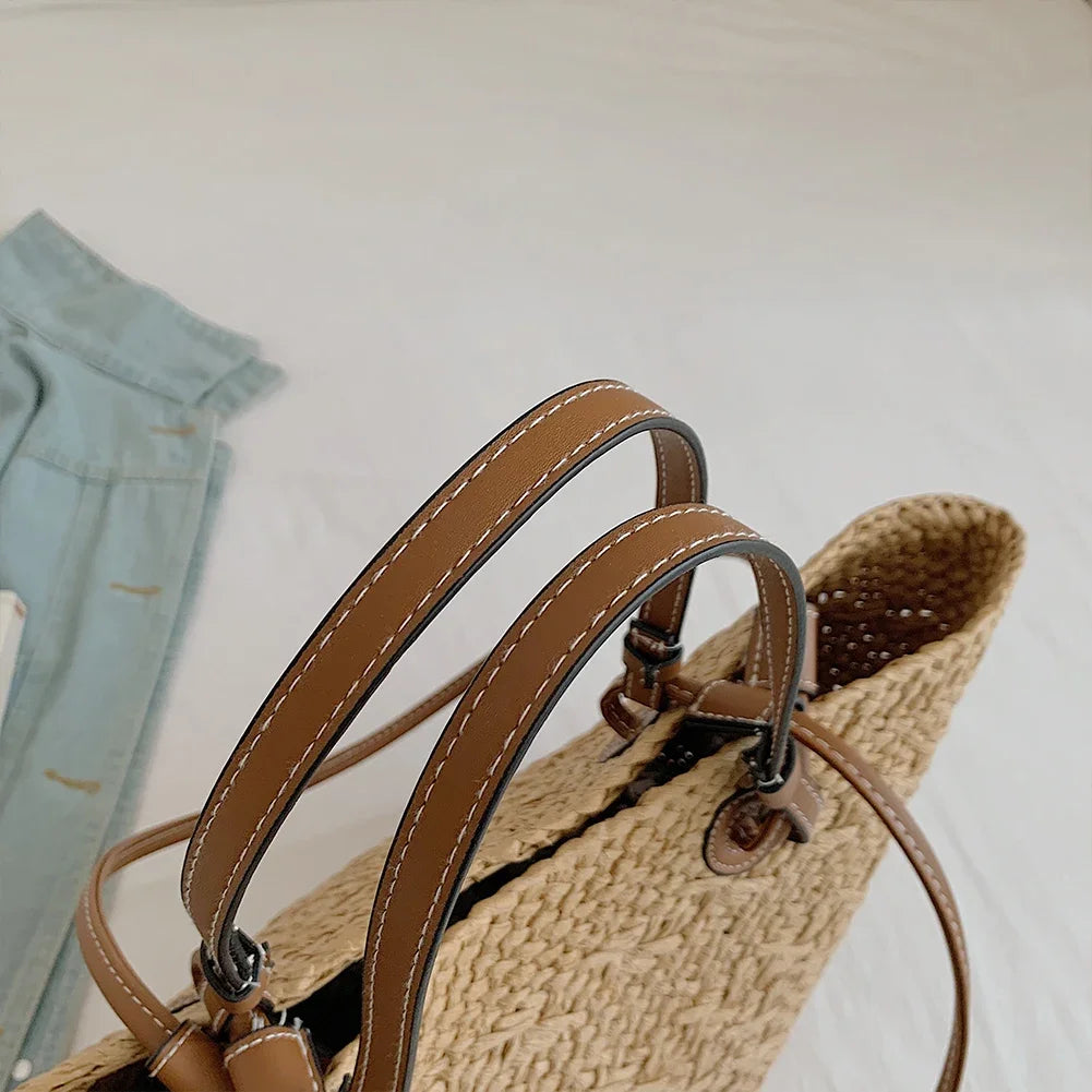 Women Woven Tote Bag Simple Woven Handbag Large Capacity Stylish Weaving Bag Tote Clutch Bags Chic Hobo Bag for Party Vacation