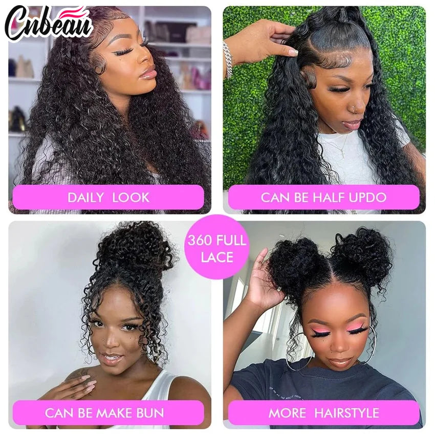 Invisi Strap Water Wave High 250 Density 360 Full Lace Front Kinky Curly Wig 30 inch Black Human Hair Drawstring Snug Preplucked