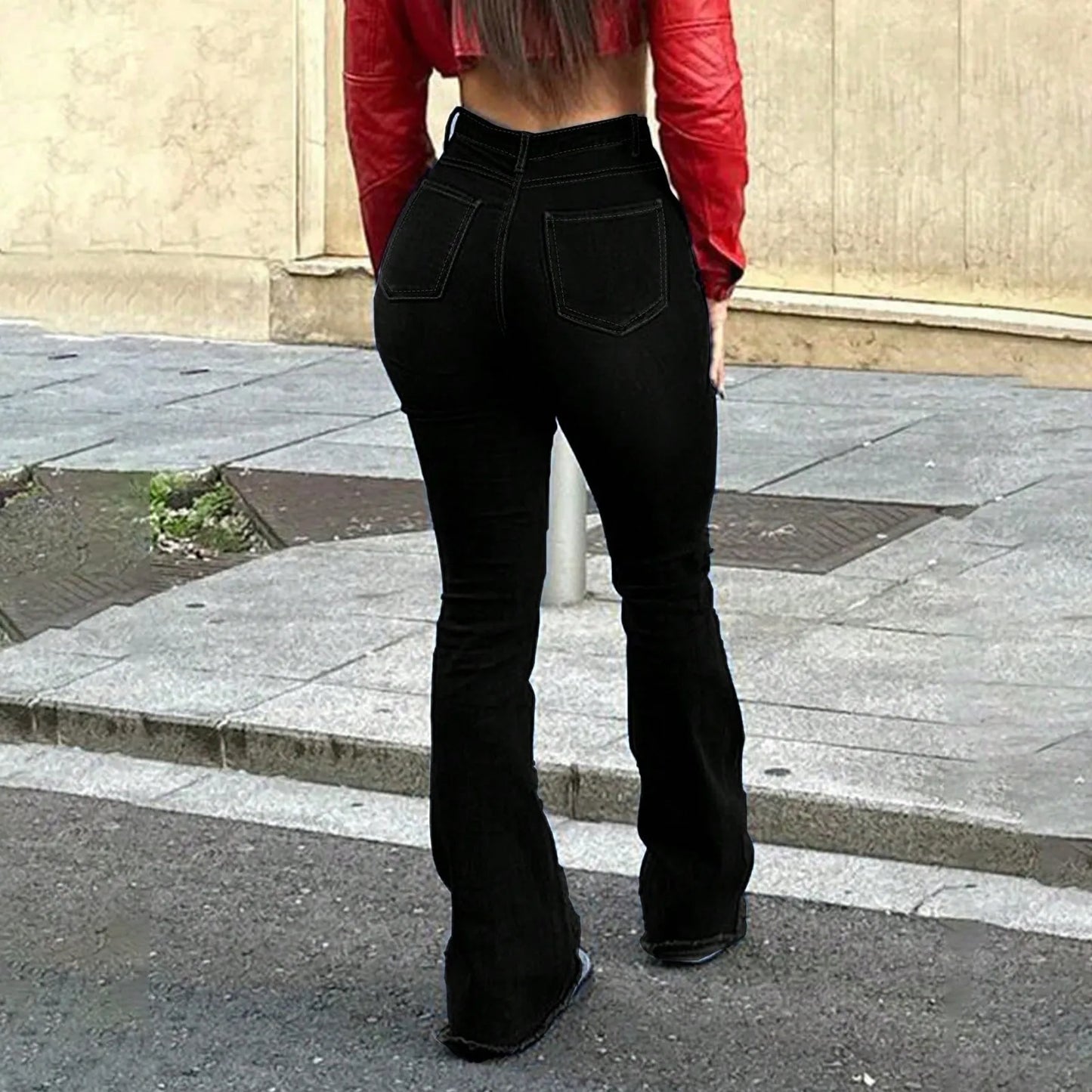 2025 New Spring Women's Ripped Jeans Cotton Slim High Waist Solid Color Sexy Denim Pants Fashion Street Flared Pants