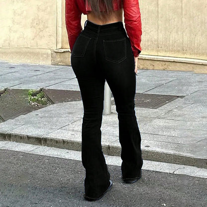 2025 New Spring Women's Ripped Jeans Cotton Slim High Waist Solid Color Sexy Denim Pants Fashion Street Flared Pants