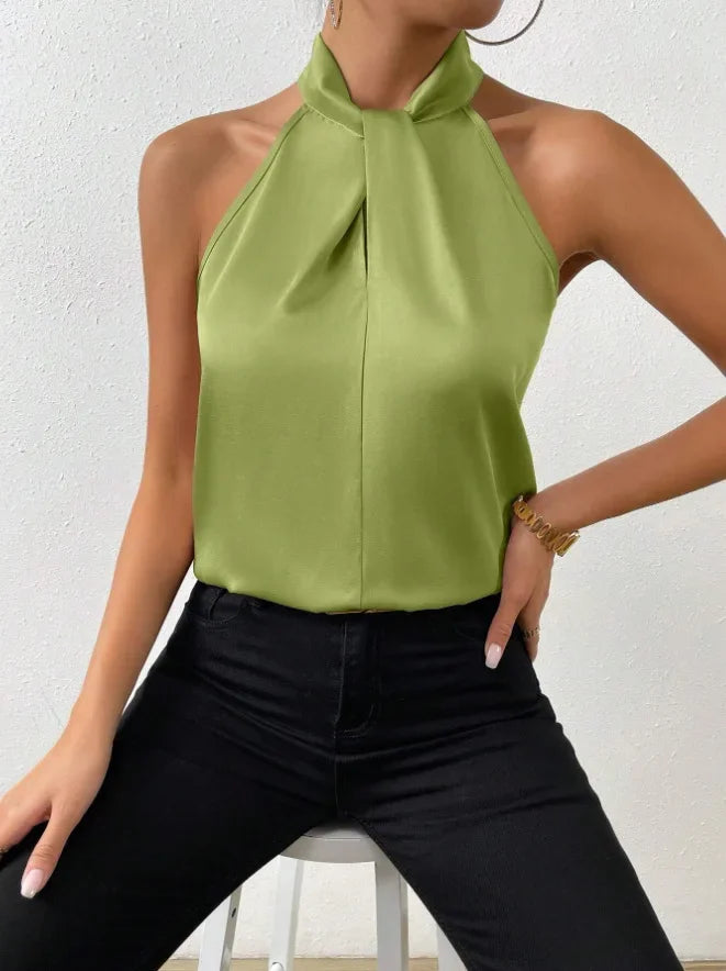 2025 Women's Tanks Top Camis Hanging Neck Strap Design Satin Gloss Loose Sleeveless Blouses Blusas Mujer Moda Black Sexy Shirt